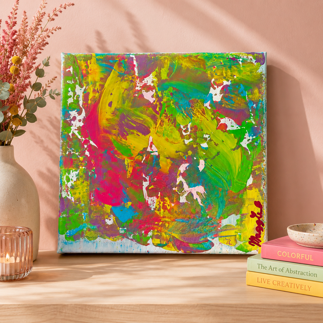 Bright green, pink, yellow, and blue abstract painting