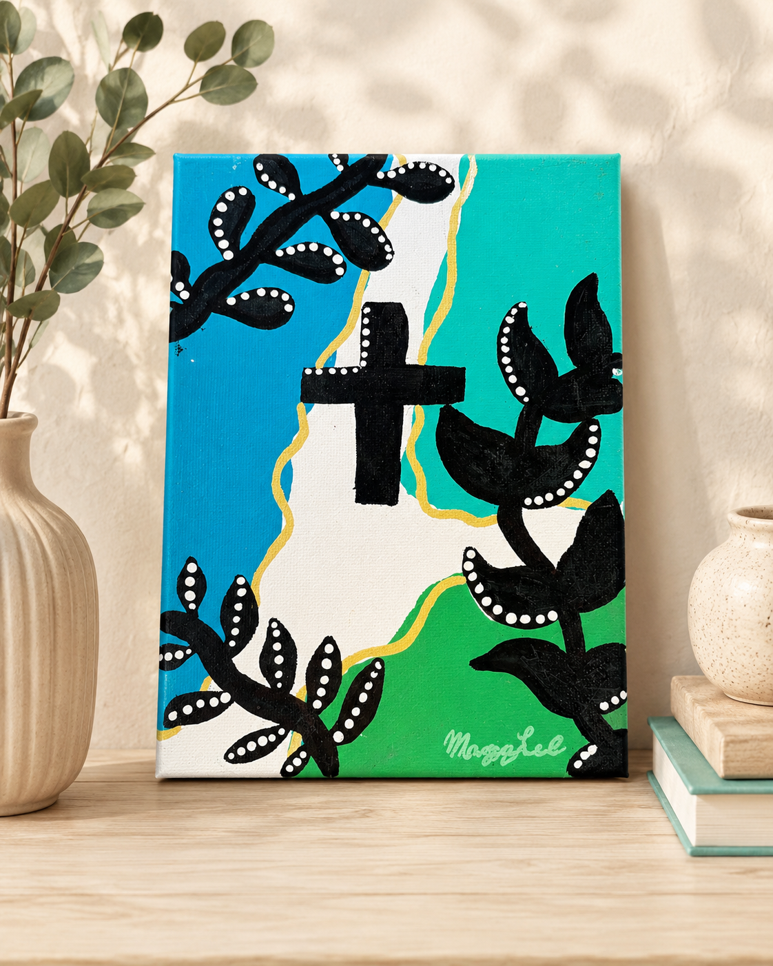 Black cross and dotted botanical shapes on blue and green