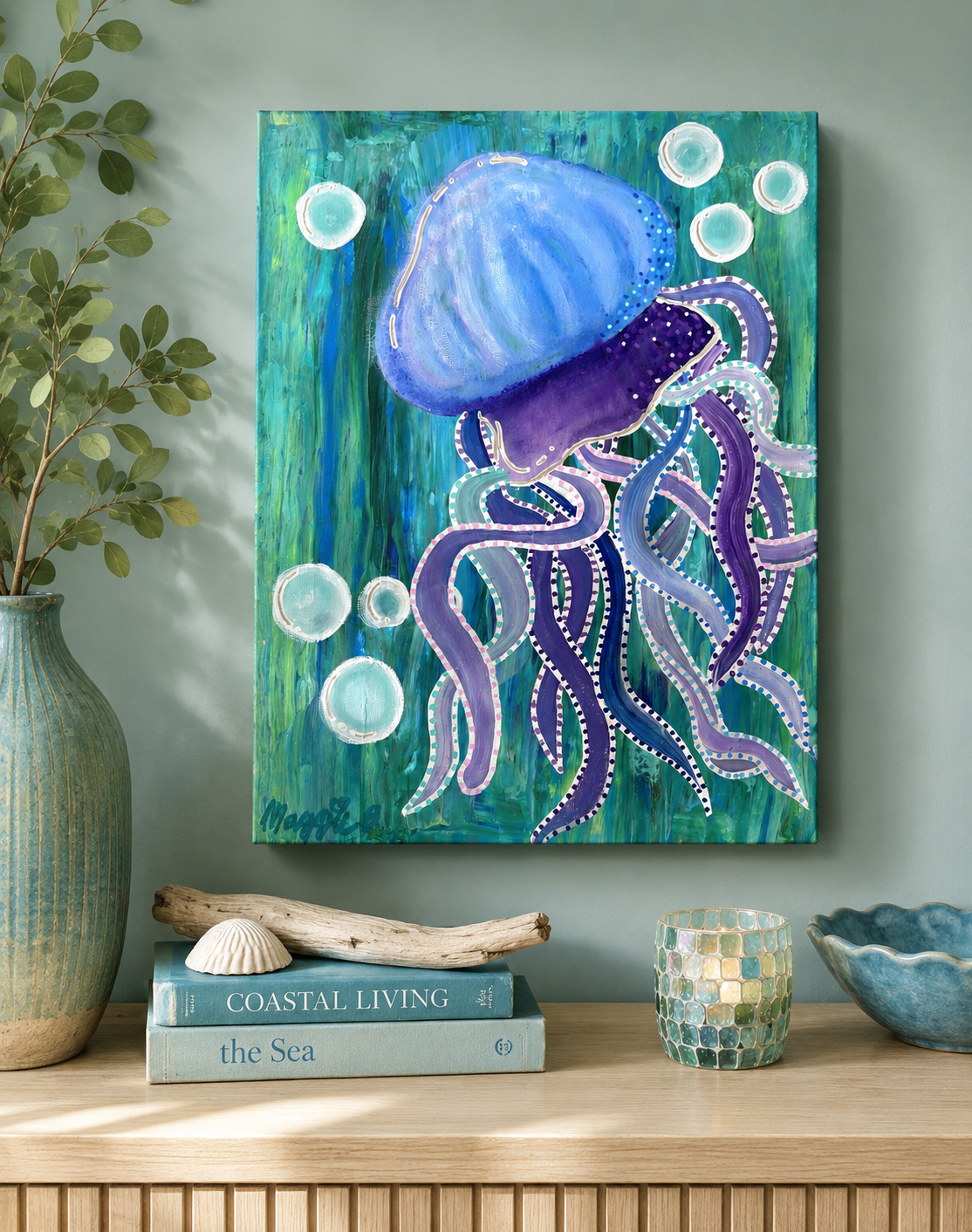 Purple and blue jellyfish painting in an underwater scene