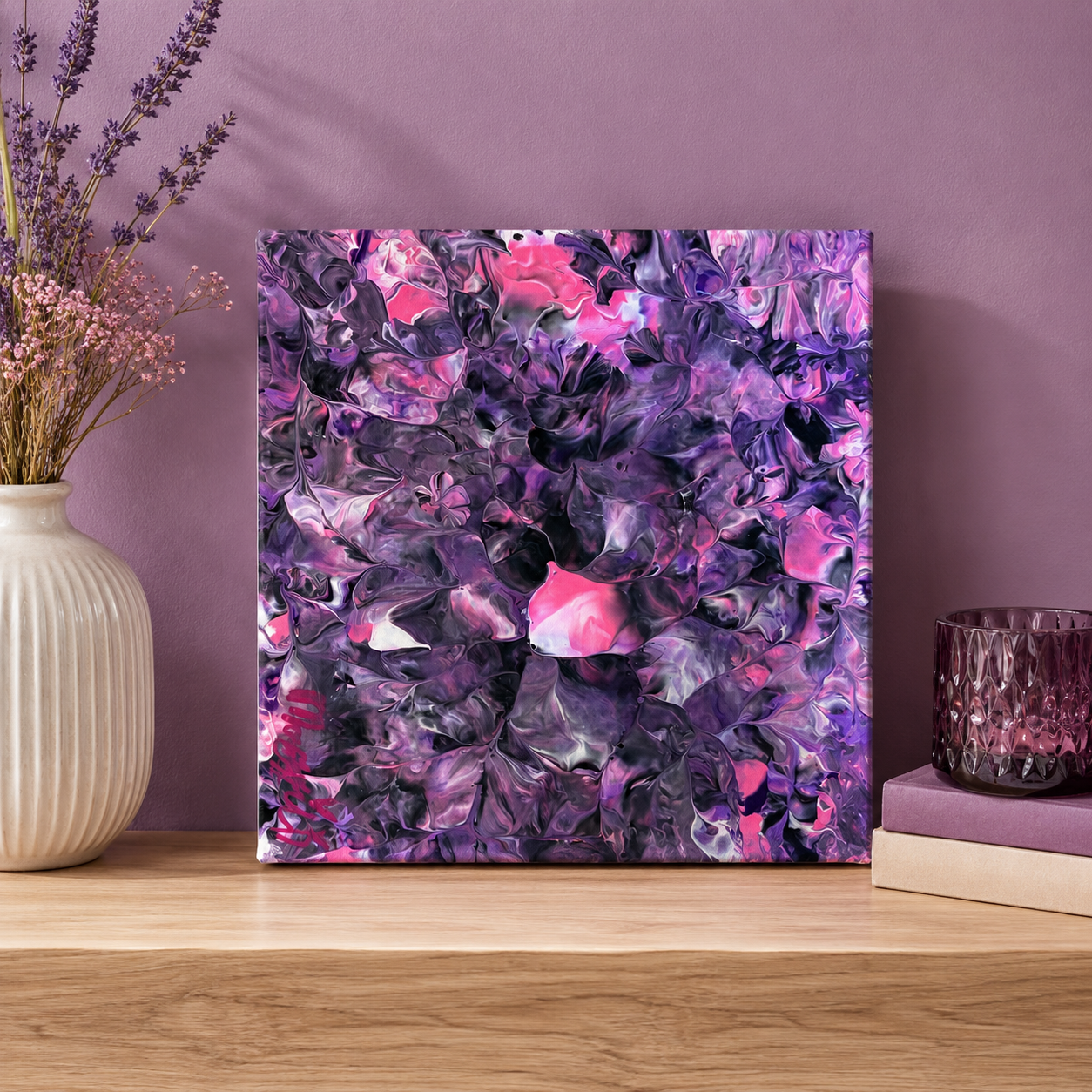 Flowing purple, pink, and black abstract painting